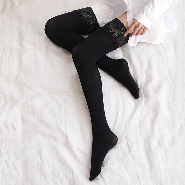 Kadın Çorap 80D Kadife Seksi Dantel Üst Silikon Tutun Uyluk Yüksek Çorapları Elastik Naylon Medias de Mujer Lingerie