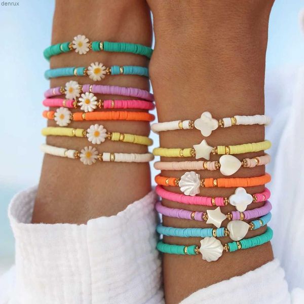 Charme Pulseiras HERLOOK 4mm Heishi Pulseiras para Mulheres Stack Shell Coração Margarida Surfista Pulseira Boho Disco de Vinil Beads Pulseras Jóias de Verão