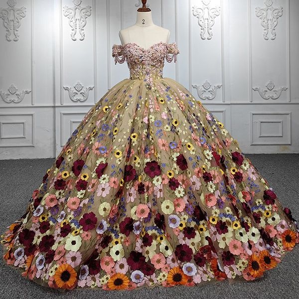 Mexicano champanhe brilhante quinceanera vestidos cor 3d floral apliques aniversário princesa formal doce 15 16 vestidos de baile xv anos