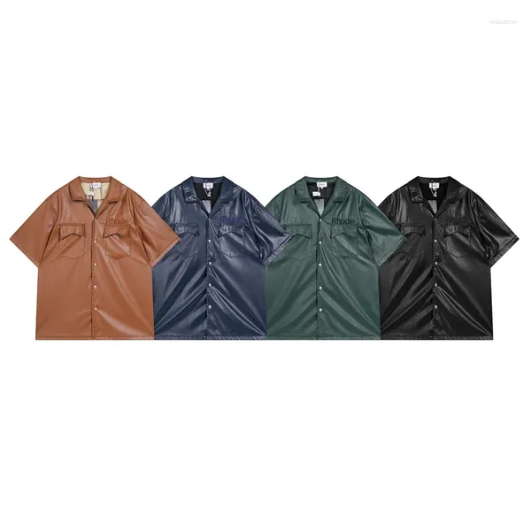 Calças masculinas streetwear rhu de bordado logotipo camisa de couro de alta qualidade 1:1 moda vintage homens mulheres tops