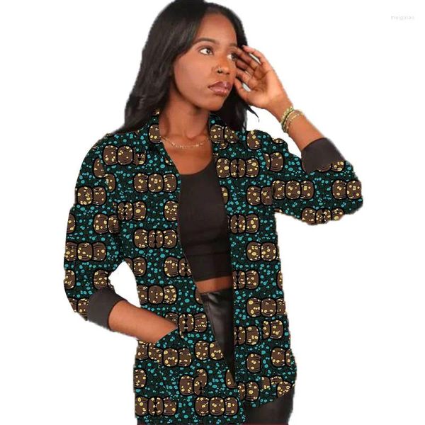 Ethnische Kleidung Afrikanische Mode Damen Bomberjacken Street Style Bunter Druck Lässiger weiblicher schwarzer Umlegekragen Kurzmantel