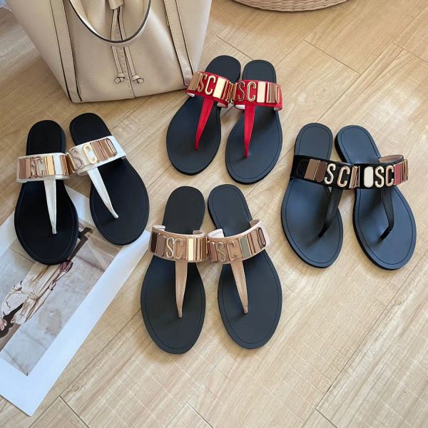 2024 mais novo flip flops sandália metal tanga sliders verão couro mulheres presente designer sapatos mulas mens salto plano preto chinelo ao ar livre praia senhora