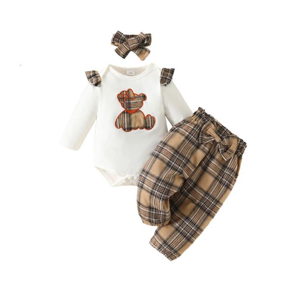 Bebê nascido meninas roupas de manga longa dos desenhos animados urso onesie xadrez arco calças bandana 3 pçs conjuntos 0-18 meses ternos infantis 240116