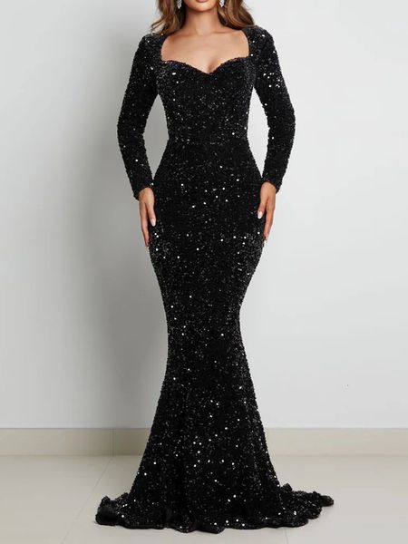 Langärmliges, gepolstertes Pailletten-Maxikleid, bodenlang, glitzerndes Stretch-V-Ausschnitt, Meerjungfrau, formelles Abend-/Nacht-Partykleid, Königsblau 240115