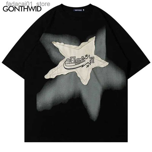 T-shirt da uomo Uomo T-shirt oversize Star Splicing Harajuku Streetwear Magliette Uomo 2023 Moda Casual Cotone sciolto Hip Hop Y2K T-shirt TopQ240116