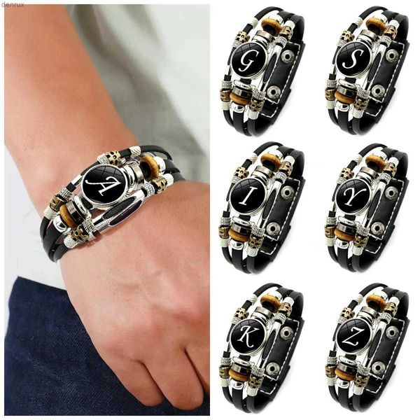 Charme Pulseiras Vintage Punk Homens Carta Pulseira De Couro Handmade Trançado Multicamada Ajustável 26 Iniciais ID Nome Amizade Pulseira Presentes