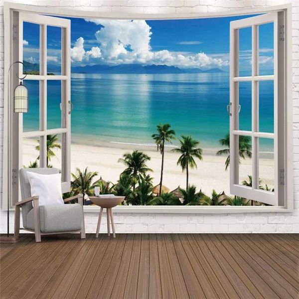 Гобелены с имитацией окна, пейзажный гобелен, настенный гобелен с тропическим деревом, художественное украшение дома, морской восход, общежитие