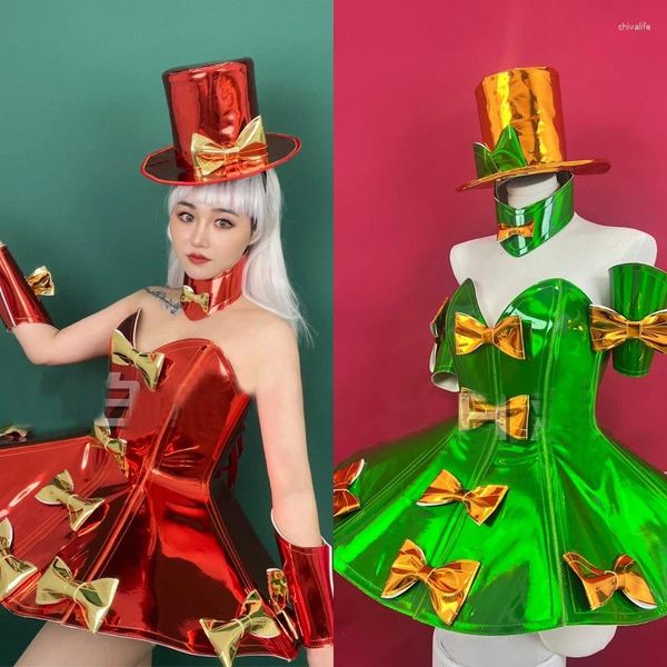 Palco desgaste verde vermelho laço vestido de festa chapéu sexy gogo dançarino trajes mulheres cosplay festival outfit desempenho rave roupas xs7276