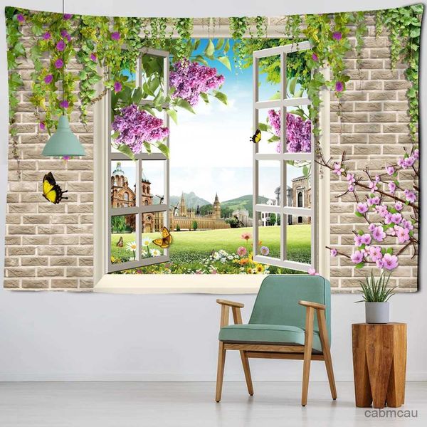 Wandteppiche, Landschaft vor dem Fenster, Wandteppich, Blume, grüne Pflanze, Wandbehang, Hippie-Mandala-Tagesdecke, böhmische Kunst, Heimdekoration