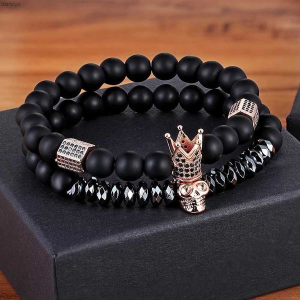 Charm-Armbänder TYO 2 Stück/Set Damen Herren CZ Royal Crown Skull Charms 8 mm schwarz matt Perlenstrang-Armbänder für Paare Valentinstagsgeschenke