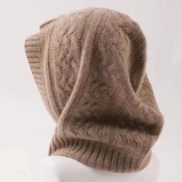 Berets Cashmere Aconchegante Balaclava Chapéu Mulheres Inverno Macio Malha Lã Com Capuz Gola Cap Cabeça Moda Beanie À Prova de Vento Quente Unissex