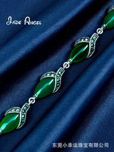 Designer David Yumans Yurma Bracciale con gioielli Angelo di giada Fatto a mano in argento tailandese Bracciale in argento sterling S925 Agata verde con occhi di cavallo Regalo in argento da donna 19 cm