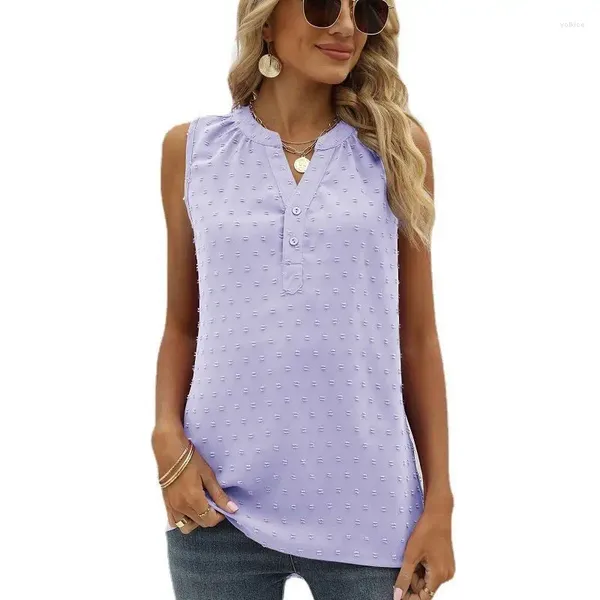 Женские блузки с каймой, европейская и американская женская одежда, летняя однотонная шифоновая рубашка Amazon, свободная повседневная жаккардовая рубашка без рукавов с v-образным вырезом