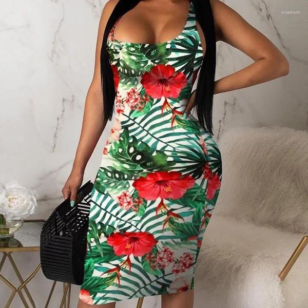 Vestidos casuais sexy havaiano mini vestido verão sem mangas boho impresso praia solta apertada estilingue mulheres sundress 2024 roupas de férias