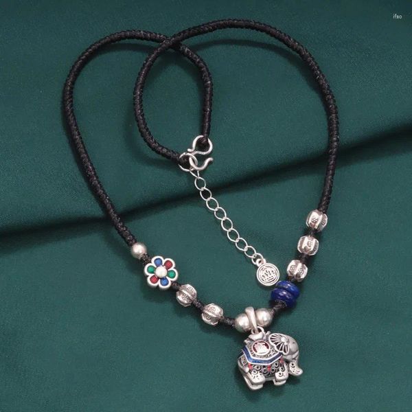 Anhänger Thailand Wachs Seil Handgewebte Halsband Kette Halskette Vintage 925 Sterling Silber Elefant Kleine Blume Kurzer Schmuck XL074