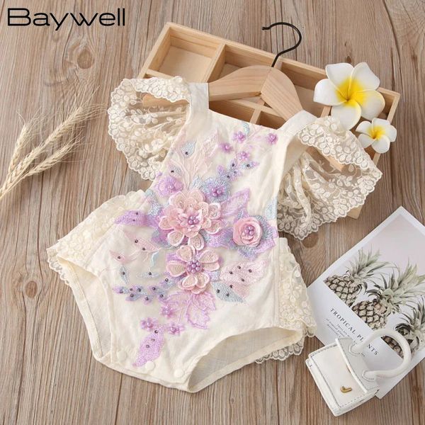 Baywell infantil bebê menina fio líquido mangas voadoras rendas bordado pérola bodysuit doce sem costas branco macacão roupas de verão 240116