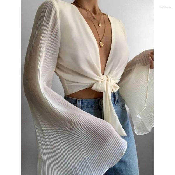 Женские блузки, женские белые укороченные топы, шифоновая шифоновая длинная расклешенная рубашка со шнуровкой и рукавами, пляжная осенняя однотонная рубашка