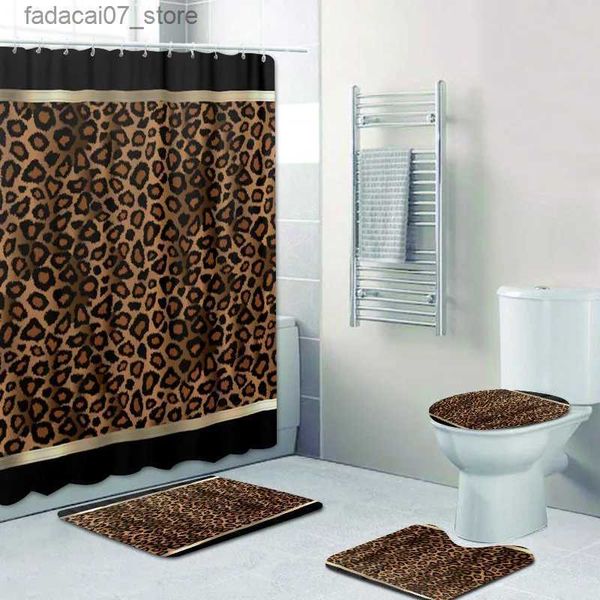 Cortinas de ducha Patrón de leopardo de oro negro de lujo Juego de cortinas de ducha para baño Alfombras de baño de animales Alfombras Accesorios de inodoro Decoración para el hogar Q240116