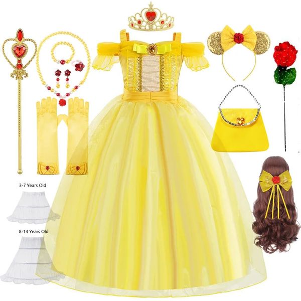 Criança princesa traje de halloween beleza e a fera cospaly fantasia bella vestido crianças vestidos de baile belle trajes meninas 240116