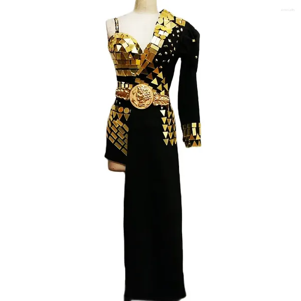 Abbigliamento da palcoscenico Costumi da spettacolo per cantanti in discoteca con paillettes scintillanti Cappotto lungo fatto in testa nero Costume da ballerina senza maniche per donna