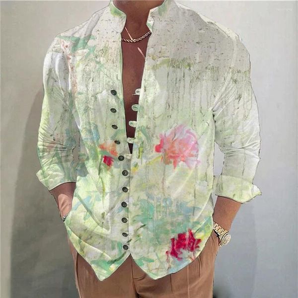 Erkek elbise gömlek üstleri gömlek rahat uzun kollu gevşek erkekler retro çiçek baskı ince fit v yaka vintage 3d bluz rahat moda
