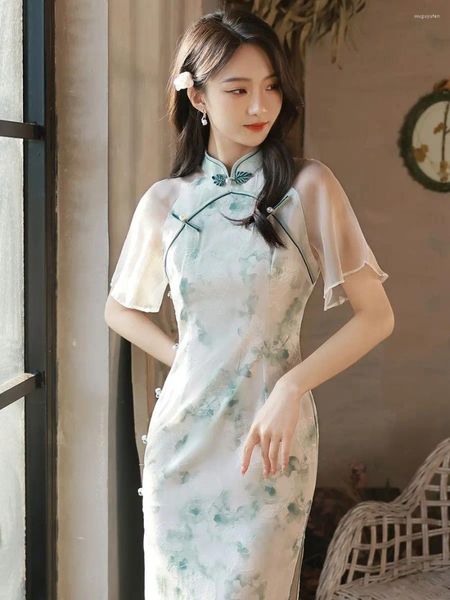 Abbigliamento etnico 2024 Estate Cheongsam Fata Giovane Stile Elegante Retro Qipao Ragazza Piccolo Fresco di Media Lunghezza Moderno Abito Orientale