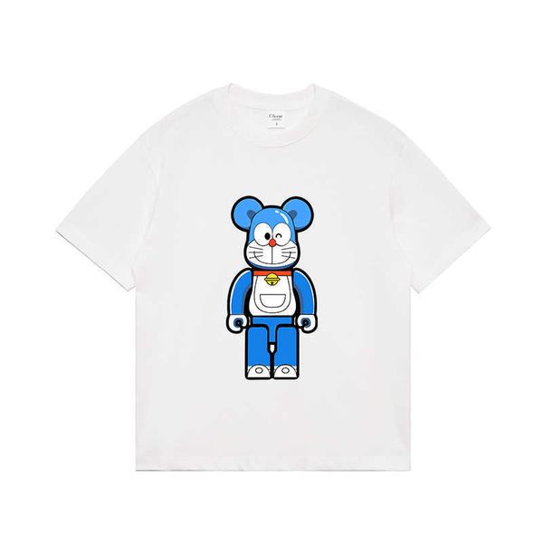 High Street Trendy Marka Küçük Ayı Çift İplik Saf Pamuk Şiddetli Doraemon Büyük Baskı Gevşek Kısa Kollu T-Shirt