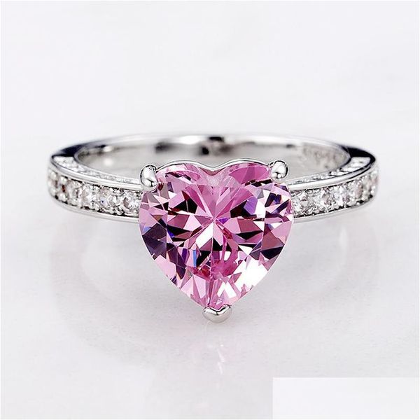 Anéis de casamento Tamanho 6-10 Moda Simples Jóias Anéis de Casamento 925 Sterling Sier Coração Forma 5A Branco Rosa Topázio Cz Diamante Gemstones W Dh3F2