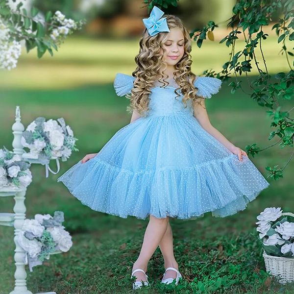 Summer Girls Princess Dress Bambini Elegante tutù da sposa Abiti da ballo Bambini Tulle Flare Sleeve Comunione Abiti formali per feste 240116