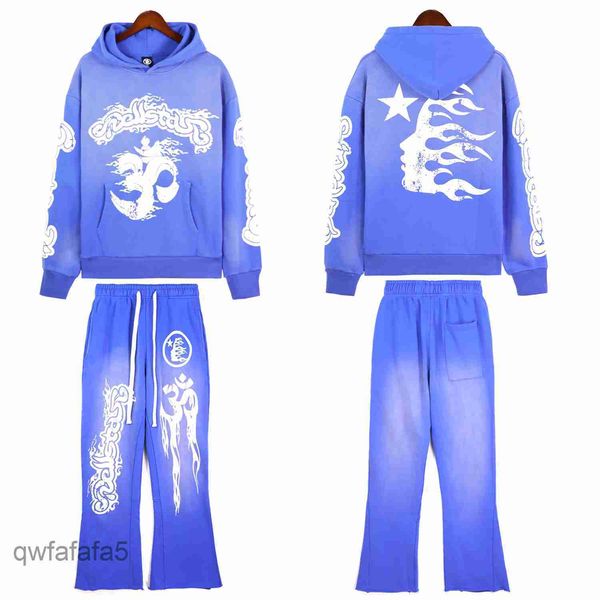 Felpe con cappuccio da uomo di marca di alta qualità Moda Hellstar Blue Yoga Hoodies Stampa manica lunga Street Felpa hip-hop Set 5BNA