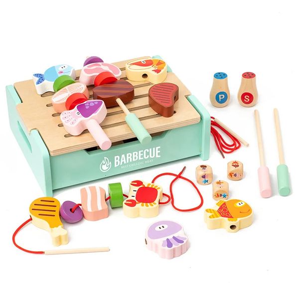 Barbecue da gioco in legno Set da gioco per bambini con barbecue e utensili per grigliare Accessori da cucina per bambini Ragazzi e ragazze 240115