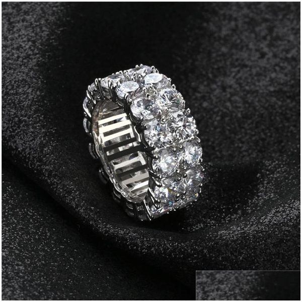 Solitaire Ring Mens 2 Row Iced Out 360 Eternity Gold Rings Micro Pave Cubic Zirconia 18K Banhado Simated Diamonds Hip Hop Anel com Gi Dh1Bh