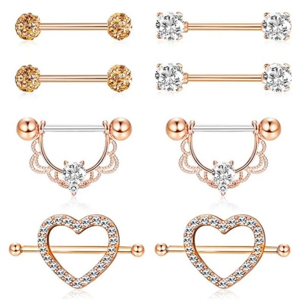 Charms Herz-Nippel-Piercing-Set aus chirurgischem Stahl, 14 g, Kristall-Nippelpiercing-Stab, Zungenring-Set, bezaubernder Nippel-Piercing-Schmuck