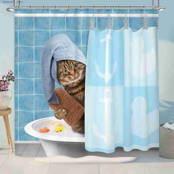 Duş perdeleri komik banyo kedi duş perdesi çocuk sevimli karikatür hayvan yavru kedi sarı kauçuk ördek kafa kanca sarılı banyo havlu ev dekor q240116