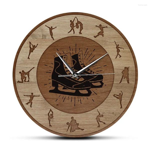 Wanduhren Eiskunstlauf Holzstruktur Bedruckte Uhr Mädchenzimmer Stille Hängeuhr Wintersport Heimdekoration Schlittschuhläufer Geschenk
