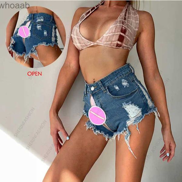 Jeans femininos cintura alta rasgado denim mulher sexy esporte mini shorts crotchless moda atlético invisível aberto virilha calças ao ar livre sexo bolso yq240116