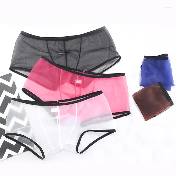 Cuecas masculinas ver através de ultra-fino boxer breve shorts u convexo bolsa roupa interior calcinha malha baixa ascensão transparente de secagem rápida underpant