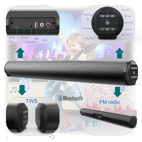 Саундбар Caixa De Som 40 Вт ТВ-лента Беспроводная Bluetooth-колонка Колонка для домашнего кинотеатра Музыкальный центр 3D-стереозвуковой диапазон FM-радио Настенный монтаж
