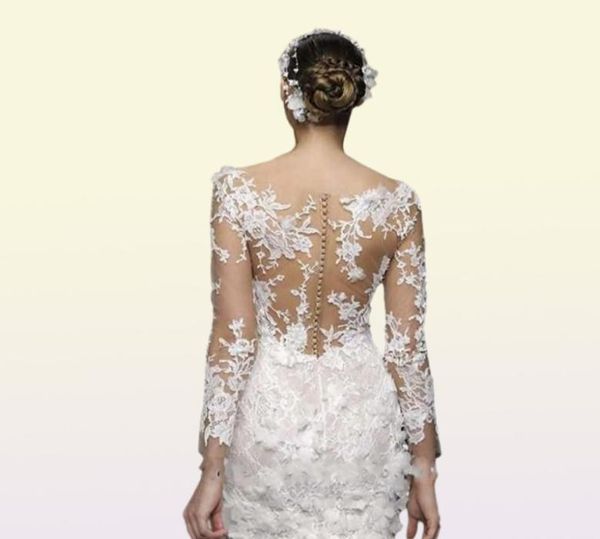 Abitino bianco corto in pizzo pieno abiti da sposa corti con maniche lunghe Illusion Back Abito da sposa estivo floreale 3D di lusso2283573