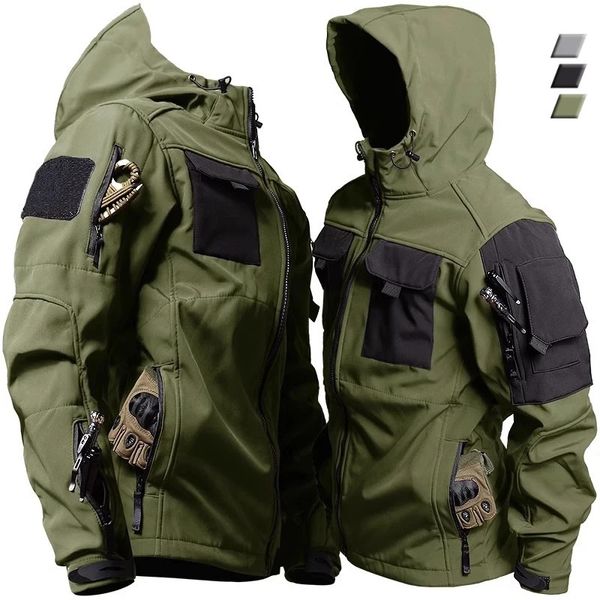 Giubbotti tattici in pelle di squalo Uomo Soft Shell militare Giacca con cappuccio antivento impermeabile Uniformi funzionali per esterni Multitasche 240115