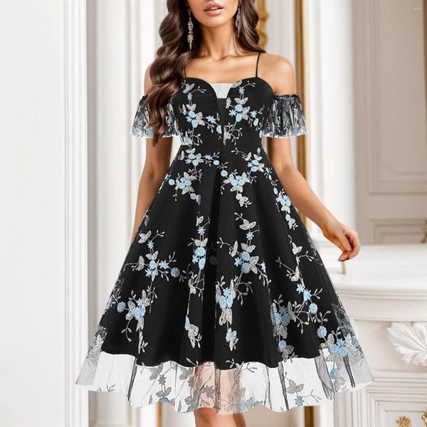 Lässige Kleider Sommer Blumenstickerei Mesh Patchwork Pin Up 2024 Mode Schulterfrei Spaghettiträger Kurzarm A-Linie Midikleid