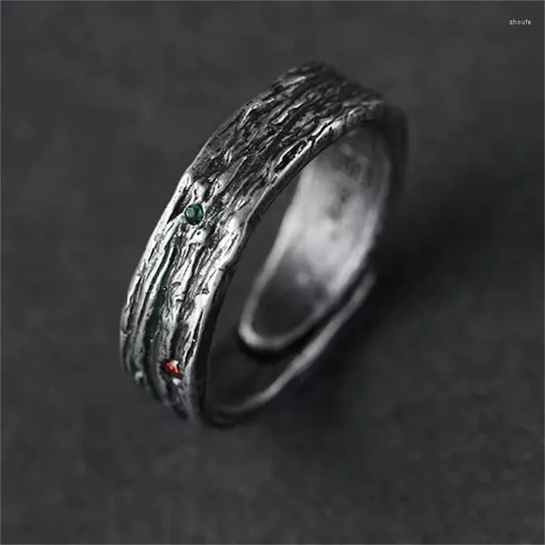 Anéis de cluster encantador s925 anel masculino acessórios de dedo personalidade padrão de ramo de madeira homens abertura ajustável com pedra verde vermelha