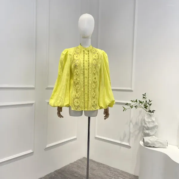 Vestidos de trabalho amarelo 2024 verão linho alta qualidade branco oco flor gancho bordado longa lanterna manga blusa e saia mulher conjunto