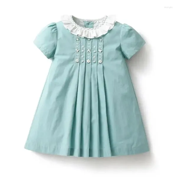 Vestidos da menina 2024 bebê meninas feito à mão vestido smocked bordado crianças manga curta verão vestido da criança algodão flor roupas