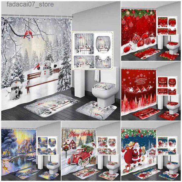 Cortinas de chuveiro Inverno Natal Cortina de Chuveiro Conjunto Engraçado Boneco de Neve Papai Noel Caminhão Bolas de Natal Ano Novo Decoração de Banheiro Tapete Tapete de Banho Tampa de Banheiro Q240116