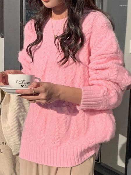 Suéteres femininos rosa leite azul trigo orelha pulôver suéter para mulheres versão coreana solta massa frita torção suave tricô top engrossado