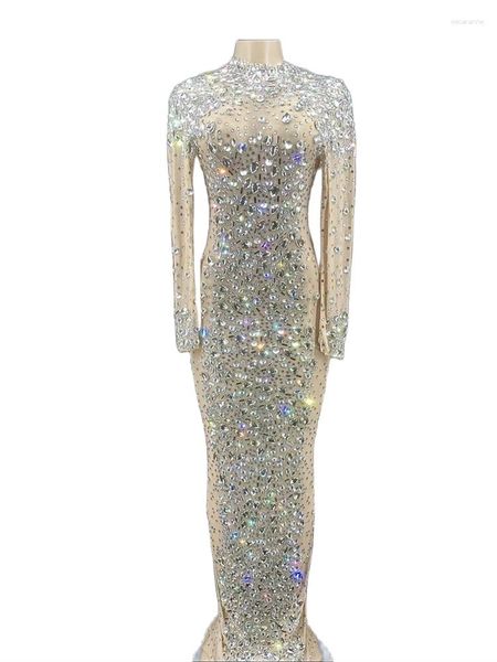 Bühnenkleidung, funkelndes Strass-langes Abendkleid für Damen, Party, Abschlussball, Hochzeit, Verlobung, formeller Nachtclub, Sänger-Kostüm