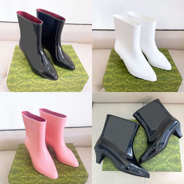 Gummi-Regenschuhe für Damen, Designer-Stiefeletten, spitzer Zehenbereich, Block, klobiger Kegel, klassisches wasserdichtes Obermaterial, EU35–40, mit Box 510