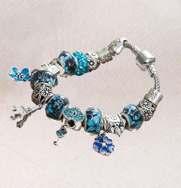 Blau/Rot/Rosa Murano Glas Charms Perlen Armband für 925 versilbertes Charm Eiffelturm Anhänger Armband Armreif5967652