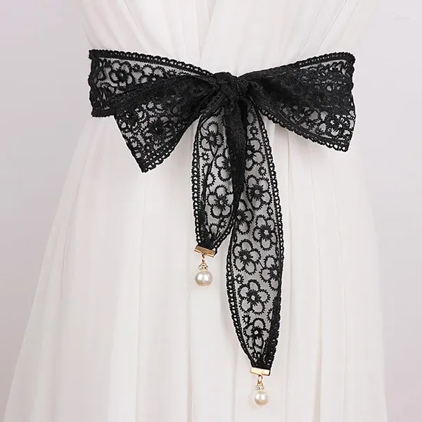 Cintos femininos moda laço oco cinto imitação pérola fina corda para vestidos borla cintura nó decorado fita estreita